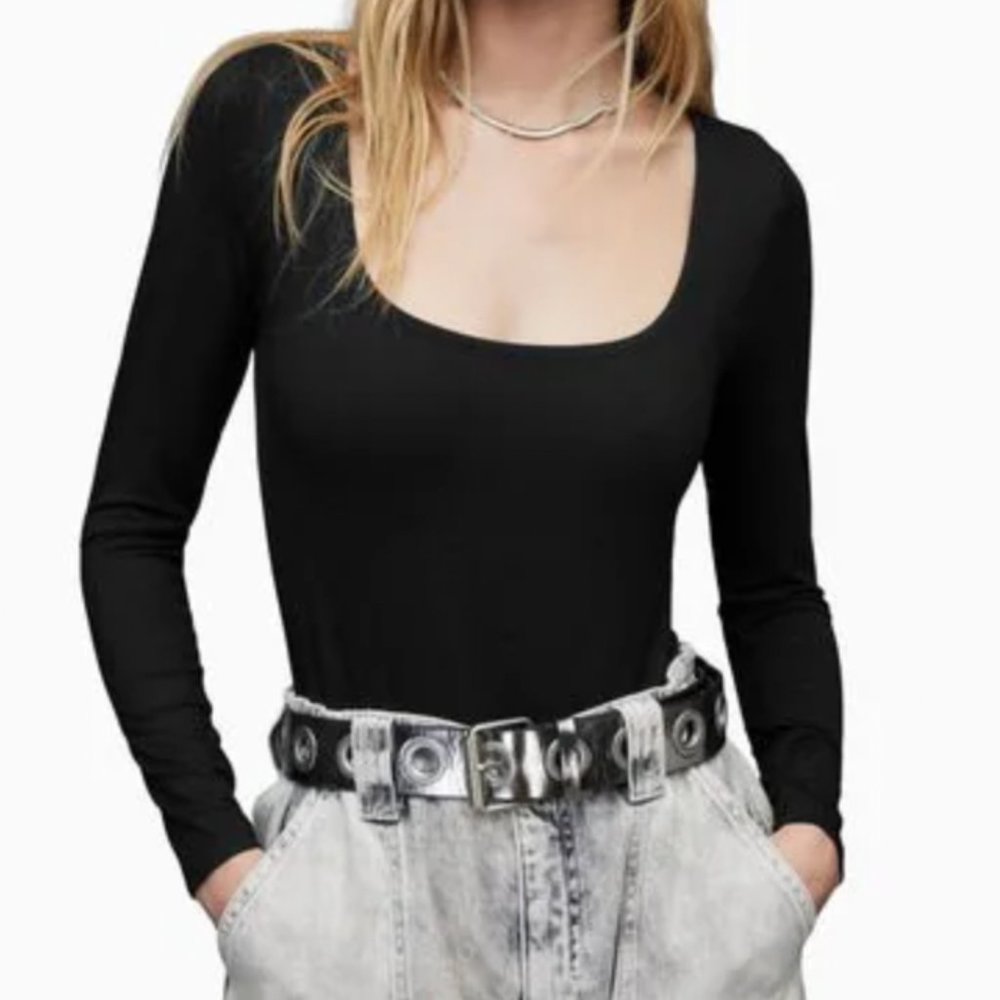 AllSaints – Tamie Long Sleeve Square Neck Bodysuit – Black